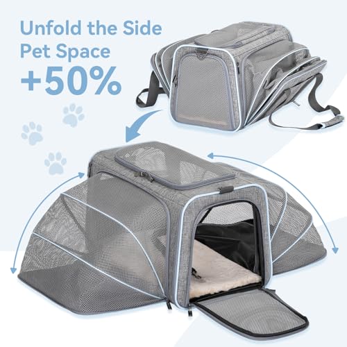 Large Double Expandable Cat Carrier for Large Cats and Small Dogs (19.0"L x 12.0"W x 12.0"H / Light Grey)