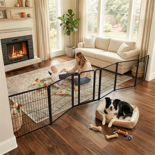 Dog Gate Extra Wide Adjustable for Openings Up to 165" (Black / Up to 165" W【5 Panels + 1 Door】 / 32"H)