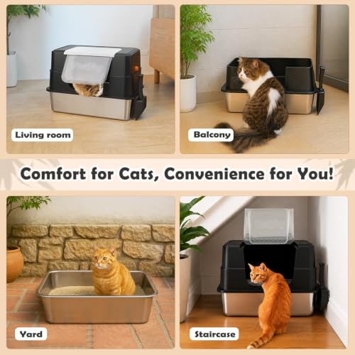 XL Stainless Steel Cat Litter Box with Lid (Black)