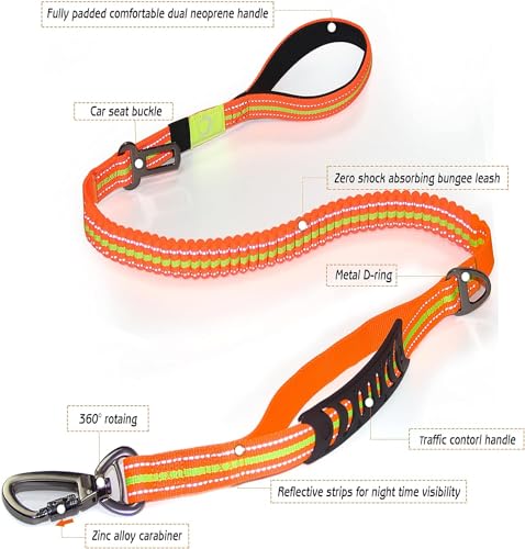 Heavy Duty Bungee Dog Leash with Locking Carabiner for Large Dogs (Orange)