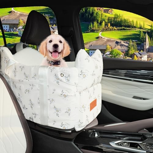 Center Console Dog Car Seat Safe Travel for Small Dogs Under 15 lbs (Off White)