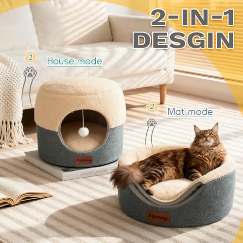 2 Pack 2-in-1 Cat Cave Bed, Cozy Covered Cat Beds for Indoor Cats (Grey)