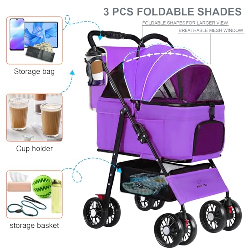 3 in 1 Pet Dog Stroller for Medium Dogs 20 lbs (Purple)