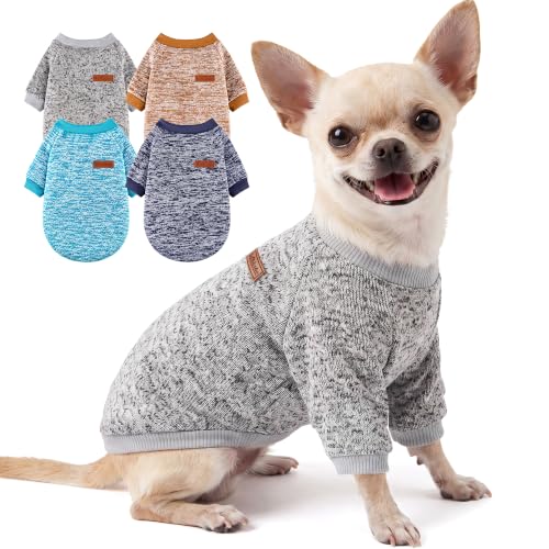 4 Pack Dog Sweaters for Small Dogs Girl Boy Winter Fleece Clothes Warm Soft Dog Sweatshirt Outfit for Dogs Cats Pet Apparel (Grey+Bright Blue+Navy Blue+Khaki / Small)