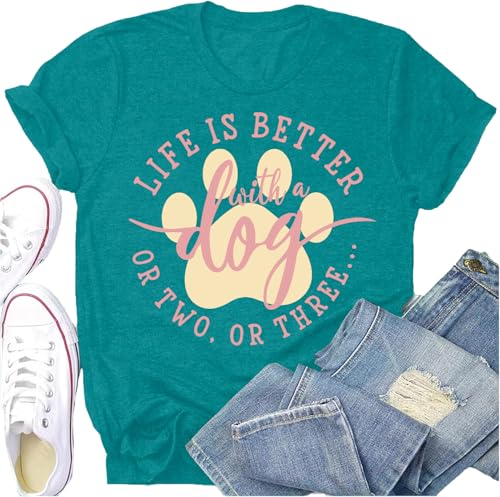 Dog Shirts for Women Dogs Mom Shirt Pet Paw Lover Tees Life is Better with a Dog Short Sleeves Cyan (Cyan / Medium)