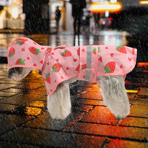Dog Raincoat Hooded Slicker Poncho with Leash Hole (M:15-20lbs / Strawberry Pink)