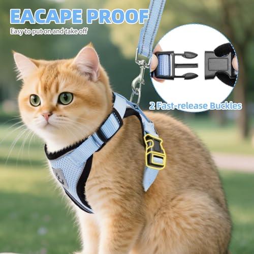 Cat Harness and Leash Set Escape Proof Reflective Cat Walking Harness Adjustable Soft Breathable Mesh Vest for Small Pets (XS (NECK 8.5", CHEST 11"-14") / Sky Blue)