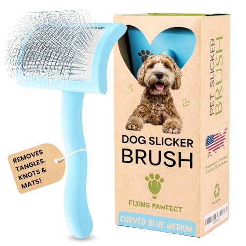 Pet Slicker Brush With Soft Massage Grooming Stainless Steel Pins (Baby Blue / Curved Medium)