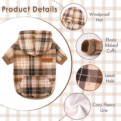 Dog Basic Hoodie Soft Dog Clothes Cold Weather Sweaters for Medium Large Dogs Cozy Fabric Warm Sweatshirt with Leash Hole for Boys (Khaki Plaid / S(Back: 12.6",Chest:18.11", 5-10 lbs))