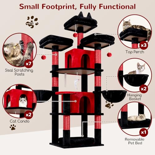 Big XL Gothic Cat Tower for Indoor Multiple Cats (Black Red / 68 inch)