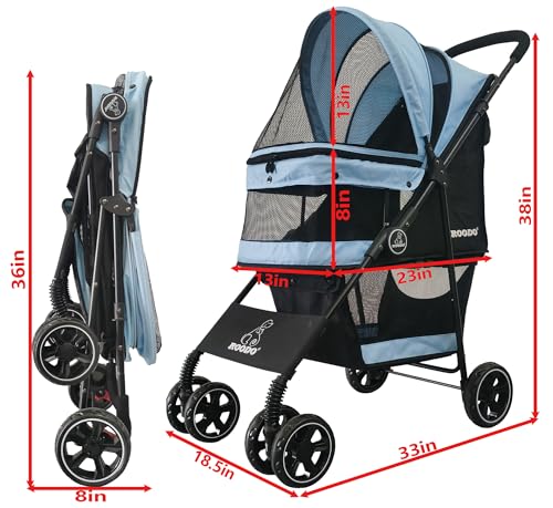 4 Wheel Dog Cat Pet Stroller Best Lightweight Foldable Compact Portable Jogger All Terrain Travel Pet Gear Puppy Doggie Bunny Kitty Stroller for up to 30lbs Medium Small Dogs Cats (Sky blue)