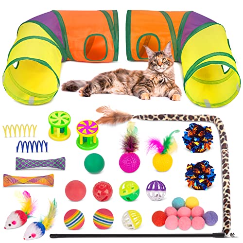 33Pcs Cat Toys for Indoor Cats (Large 2-Way Game Tunnel Toy Set)