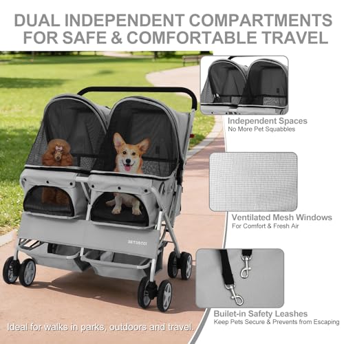 Double Pet Stroller for 2 Small Dogs & Cats (Gray)