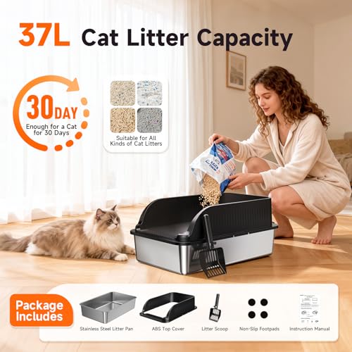 Extra Large Stainless Steel Litter Box with Lid (Black XL)