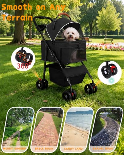 Pet Stroller 3 in1 Foldable Dog Cat Stroller with Detachable Carrier (BLACK)