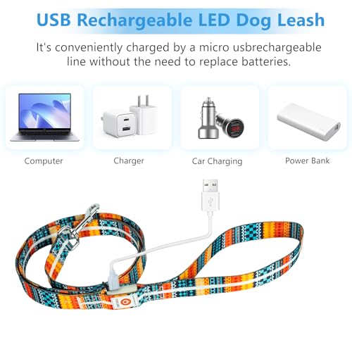 Ight Up LED Dog Leash and LED Dog Collar Set USB Rechargeable Waterproof (Bohemian Orange / 1.5m Leash+10-25in Collar Can be Crop)