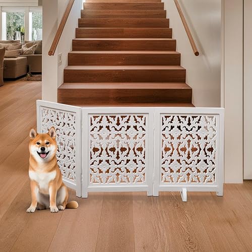 Freestanding Pet Gate for Dogs (White Antique / 54x22.5" 3 Panel Flower)