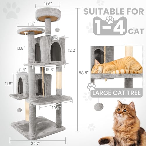 58.5inch Large Cat Tree Tower Condo for Indoor Cats (58.5in / Light Grey)
