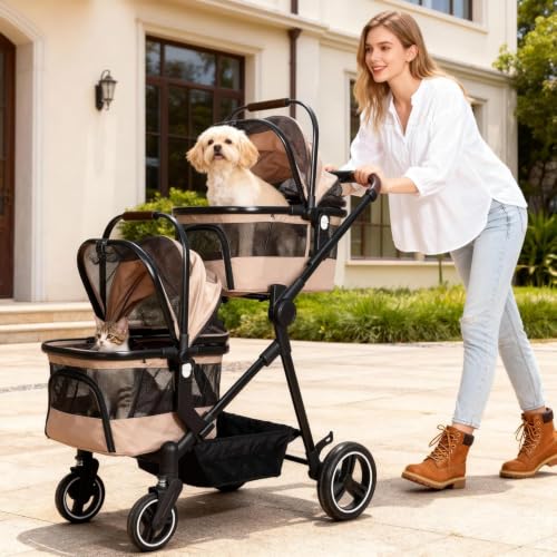 Foldable Double Pet Stroller for 2 Small Medium Cats Dogs (Khaki / Double)