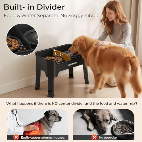 Mess Proof Elevated Dog Bowls 4 Height Adjustable Raised Stand (Black / Large)