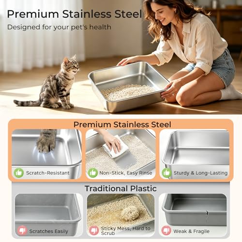 Small Stainless Steel Cat Litter Box with Lid for Kittens (Light Gray / Small)