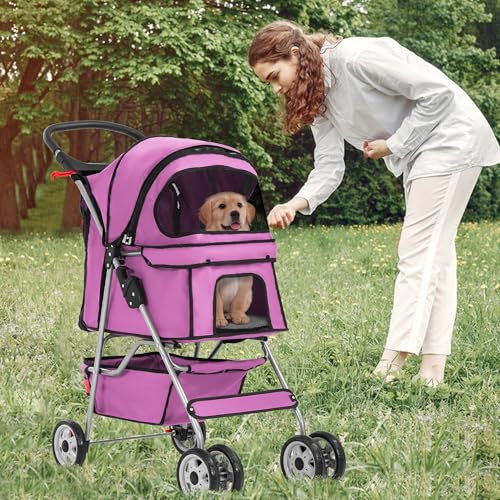 4 Wheel Foldable Pet Stroller (Pink / 4 Wheels)