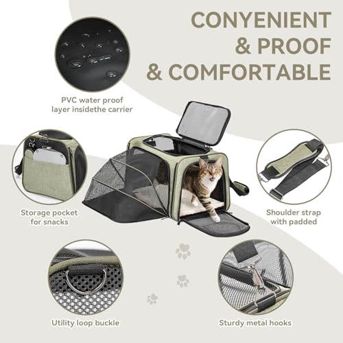 Small Expandable Cat Carrier for Air Travel (16.0"L x 10.0"W x 9.0"H / Green)