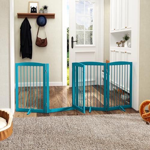 Freestanding Dog Gates with Door Walk Through (4 Panel 32" / Blue)
