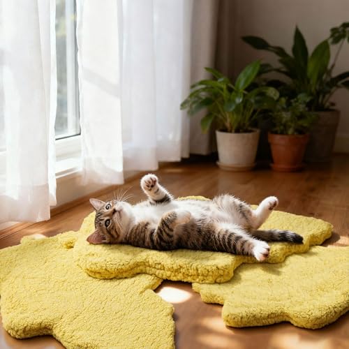 3 Pack Self Warming Pet Bed Leaf Shape Self Heating Cat Dog Mat Washable Thermal Sleeping Pad for Indoor Outdoor Hedgehog (Light Yellow / Medium-18"x24")