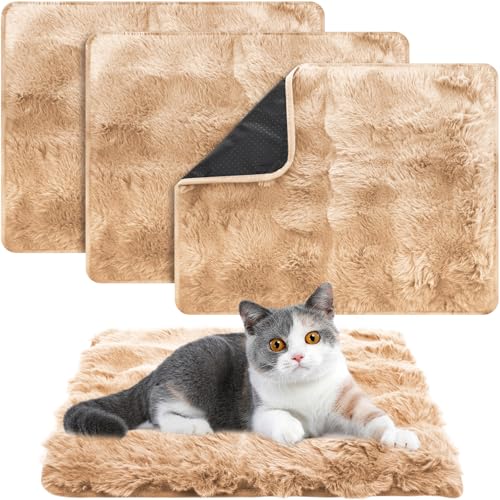 3 Pack Khaki Self Warming Cat Bed Indoor 16''x24'' Self Heating Cat Mat Ultra Soft Thermal Kitten Bed Heated Pet Dog Pad Washable Removable for Outdoor Use Non Slip Reflect Body Heat (16''x24'' / Khaki)