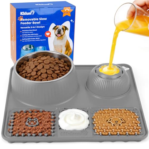 Slow Feeder Dog Bowl with Lick Mat & Interactive Rolling Ball (Light-Gray)