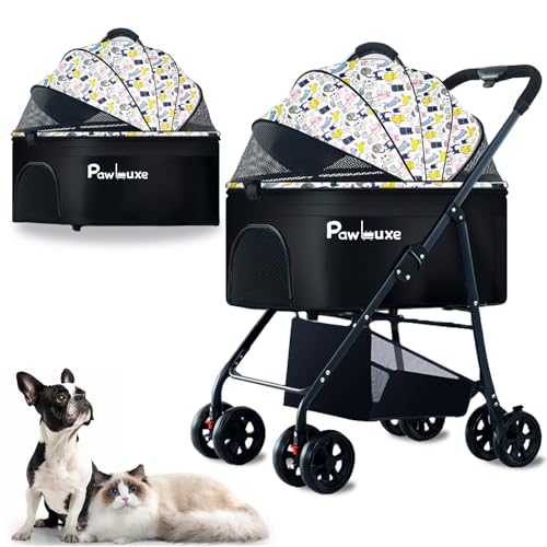 4 Wheels Pet Stroller 4 in 1 Pet Stroller with Detachable Carrier for Small & Medium Dogs Cats up to 55 lbs Easy (White Cartoon)