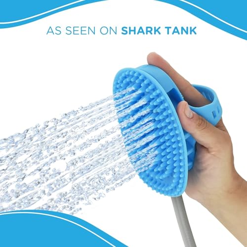 5-in-1 Horse & Dog Bath Brush & Curry Comb - XL Blue Silicone - Includes 3-ft Shower Hose Attachment & Adapter - Adjustable Spray Scrub Massager - Great for Horses & Big Dogs (X-Large)