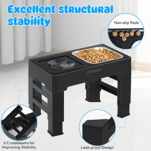 2-in-1 Elevated Dog Bowls 4 Height Adjustable Raised Dog Bowls (Black / No Spill Water Bowl)