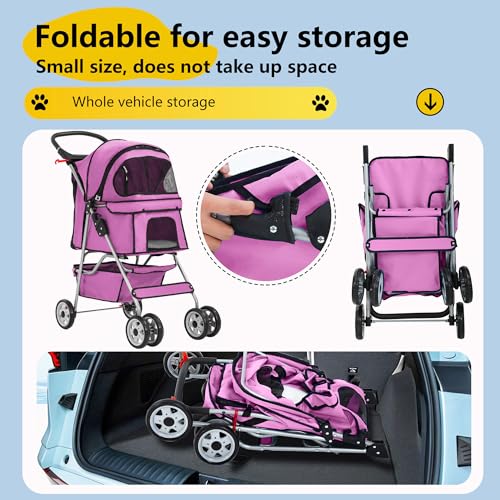 4 Wheel Foldable Pet Stroller (Pink / 4 Wheels)