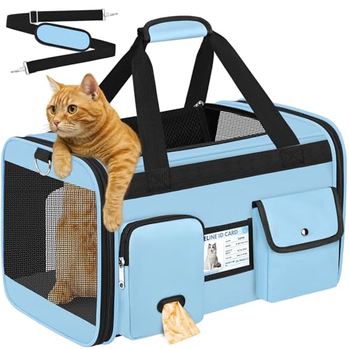 Large Cat Carrier Travel Soft Sided Pet Carrier Airline Approved (Light Blue)