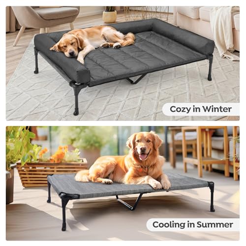 Outdoor Elevated Dog Bed with Waterproof Bolster Cushion (Black Silver / 49.0"L x 33.0"W x 9.0"Th)
