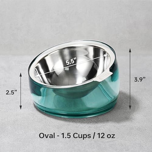 Pet Oblik Acrylic Raised Dog Food Water Bowl Stainless Steel Slanted Oval Dish for Short Leg Puppy & Small Medium Pet (Classic / 1.5 Cups Oval Dish)