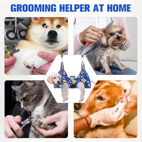 Dog Grooming Hammock Harness for Dogs & Cats with Pet Nail Clipper Trimmer (XS / Navy Blue)