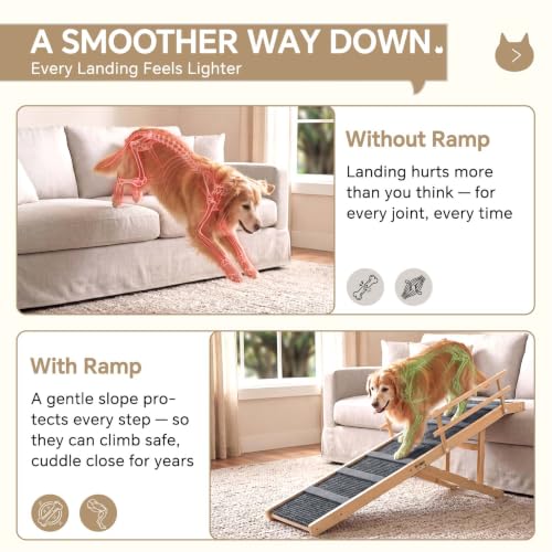 Wooden Dog Ramp for High Bed 65.7" Extra Long Solid Wood Pet Ramp with Non