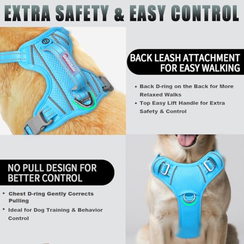 No Pull Dog Harness Large Reflective Dog Harness with Front Clip and Easy Control Handle for Walking Training Running with ID tag Pocket (Blue / Medium)