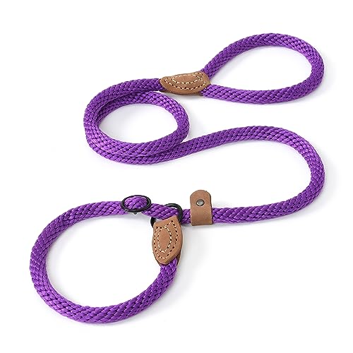 Heavy Duty Slip Lead No Pull Leash w Leather (Purple / 6 Feet)