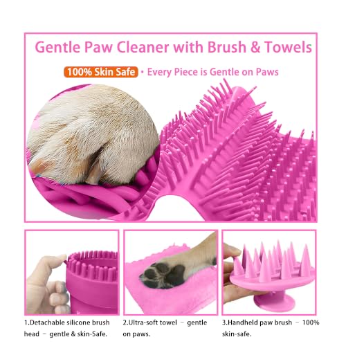 Dog Paw Cleaner Cup with Detachable Top Brush for Small (Medium(3Towels&Brush) / Pink)
