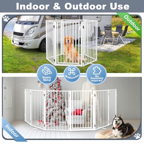 Metal Freestanding Dog Gates with Door for Outdoor Indoor (White / 【6 Panels with Door】 36''H*120''W)