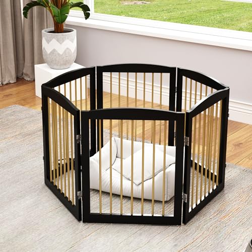 Freestanding Pet Gate for Dogs (24" Height-6 Panel / Black & Gold)