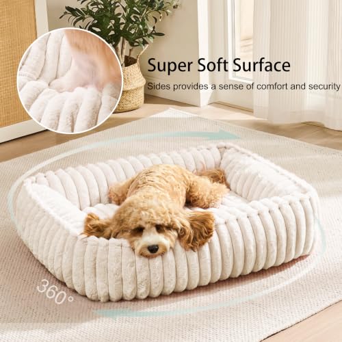 Medium Dog Bed Calming Cat Bed for Indoor Cats 24’’x20’’ Ivory (Ivory / 24"L x 20"W x 6"Th)