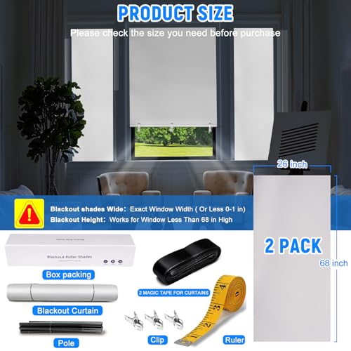 2Pack Blackout Roller Shades (White / 26"W×68"H(2 Pack))