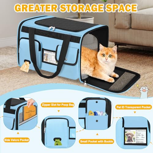 Large Cat Carrier Travel Soft Sided Pet Carrier Airline Approved (Light Blue)