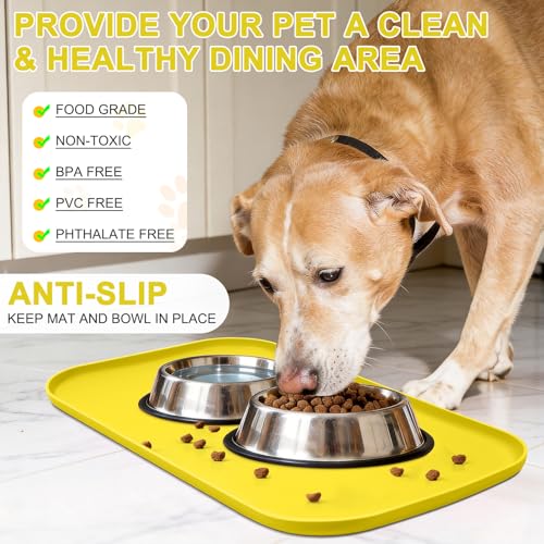 Waterproof Silicone Pet Food Mat with Raised Edge for Dog & Cat (Light Yellow / 19"L x 12"W)