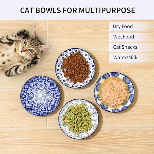 6 Inch Ceramic Cat Bowls (6 Inch, Set of 4 / Vintage Blue)